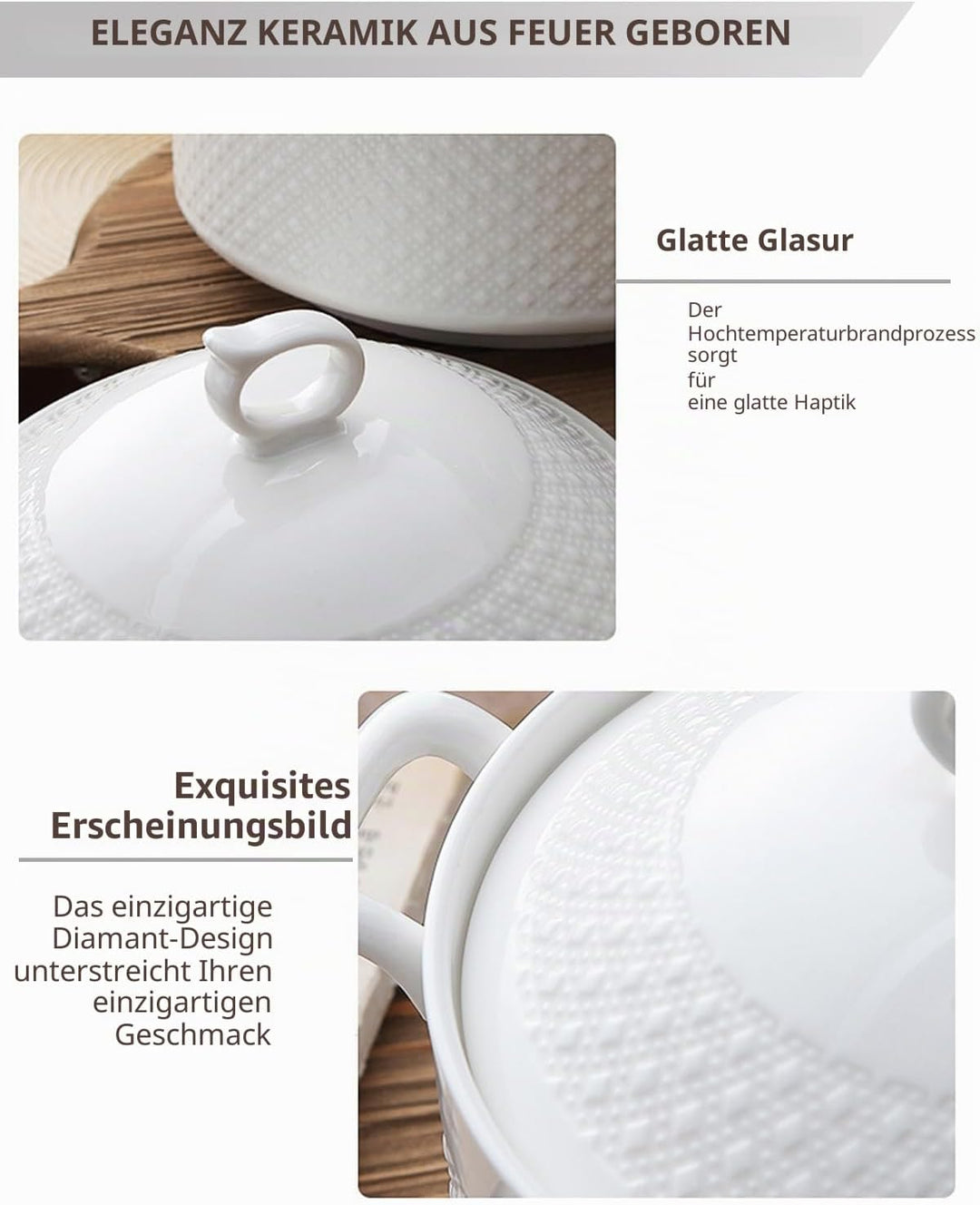 Weisse cremefarbene Suppenterrine mit Deckel, 3,6 l, grosse Porzellan-Suppen-Servierschale mit Griff