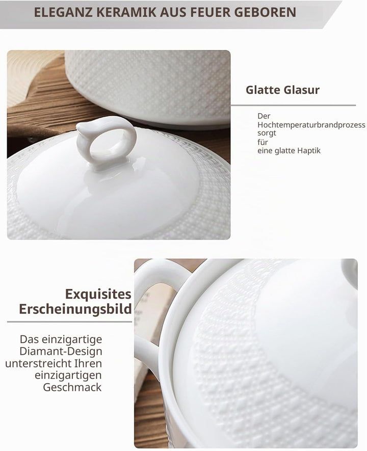 Weisse cremefarbene Suppenterrine mit Deckel, 3,6 l, grosse Porzellan-Suppen-Servierschale mit Griff