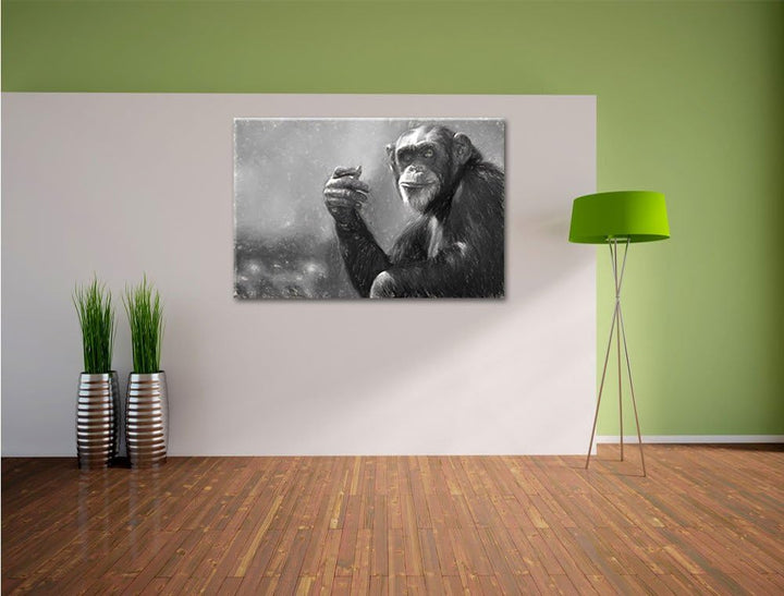 Pixxprint Aufmerksamer Schimpanse Kunst / 100x70cm Leinwandbild bespannt auf Holzrahmen/Wandbild Kun