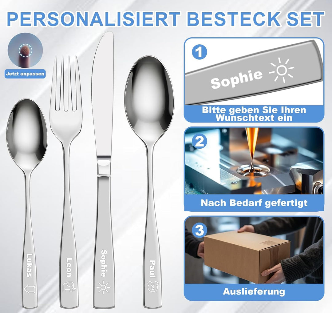 Personalisiert Besteck Set für Kinder Erwachsene,4 STK Essbesteck mit Gravur,Messer Gabel Löffel Set