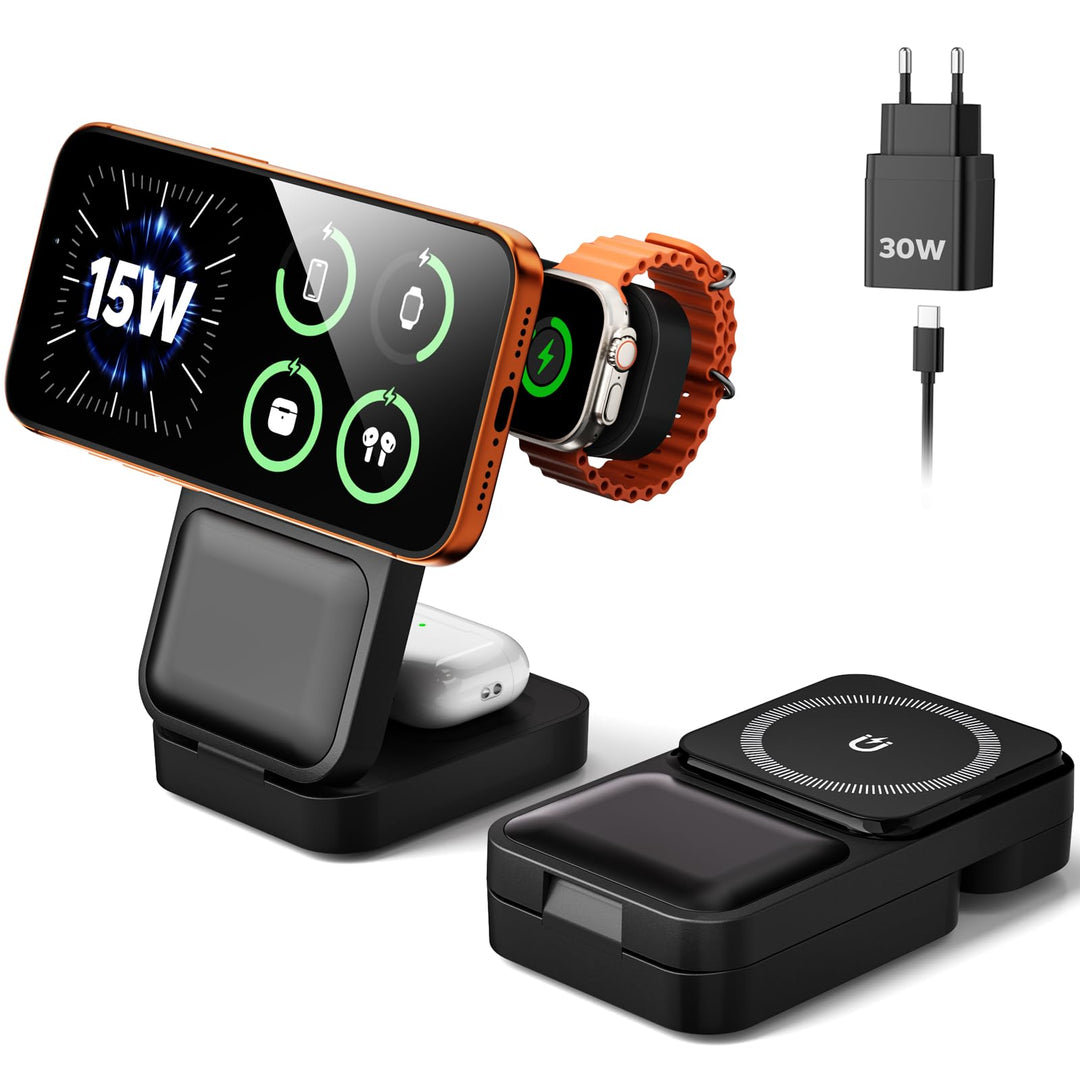15W Magsafe Ladestation für Apple Watch und iPhone Faltbare mit Schnellladefunktion, 3 IN 1 Magsafe