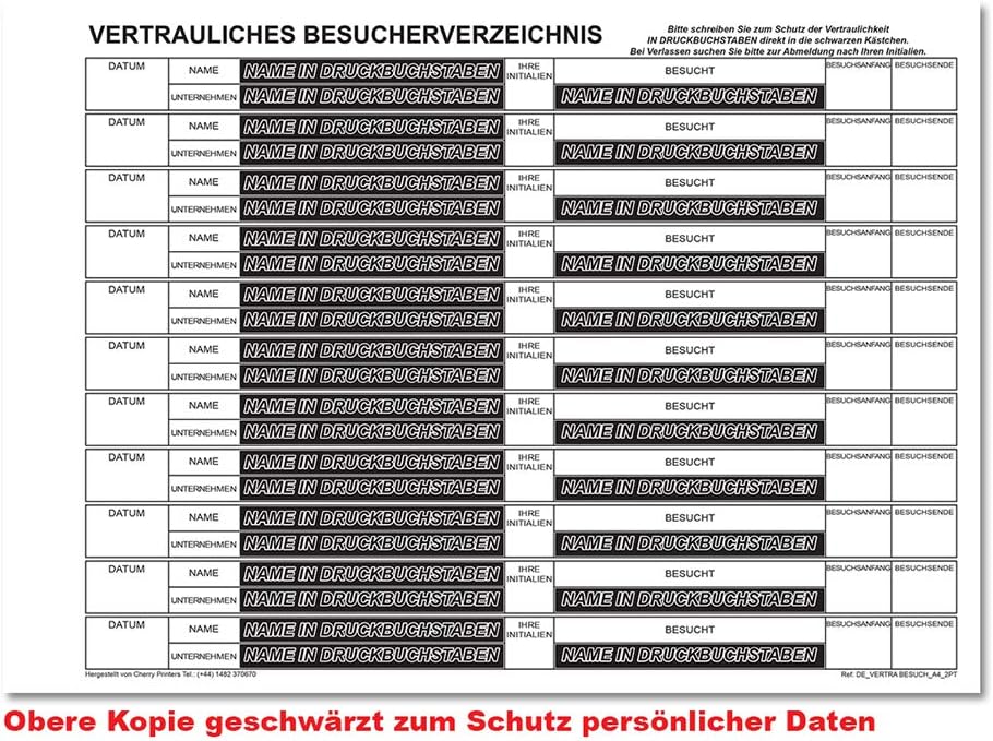 Cherry DSGVO-konform Gästebuch/Besucherbuch für Empfangsbereiche, Selbstdurchschreibend, 2x50 Blatt,