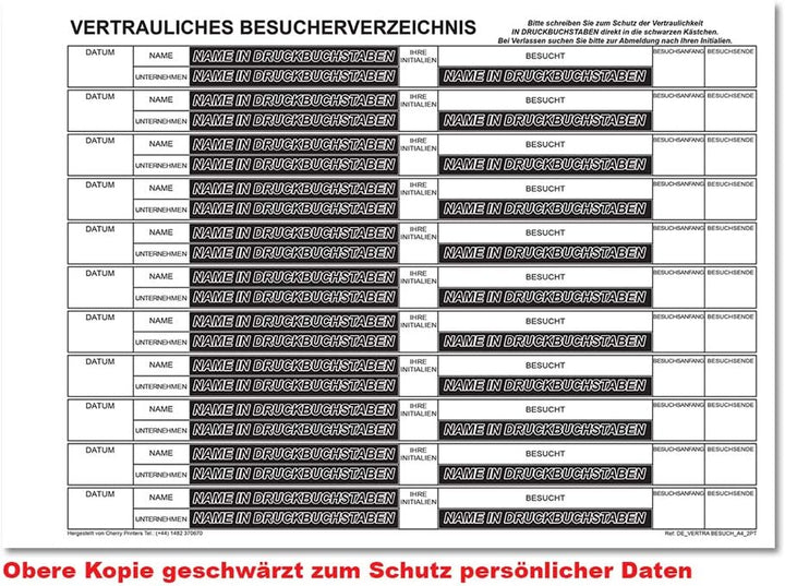 Cherry DSGVO-konform Gästebuch/Besucherbuch für Empfangsbereiche, Selbstdurchschreibend, 2x50 Blatt,