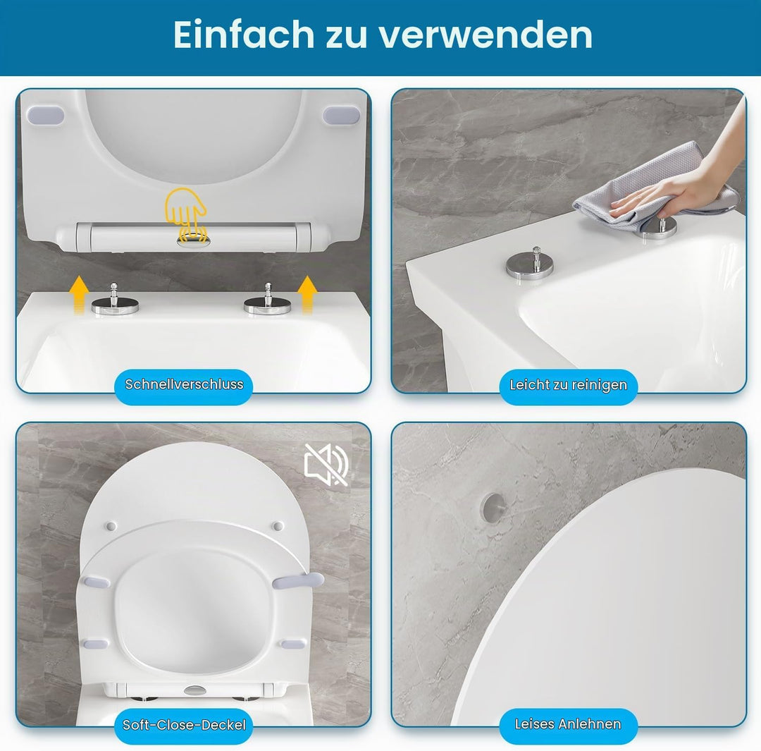 Toilettendeckel mit Absenkautomatik D-Form, Slim WC Sitz Weiss, Klodeckel Duroplast, Klobrille einfa