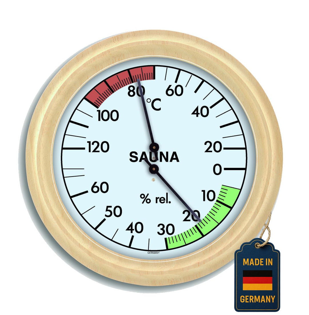 TFA Dostmann Analoges Sauna-Thermo-Hygrometer, mit Holzrahmen,Temperatur, Luftfeuchtigkeit, hitzebes
