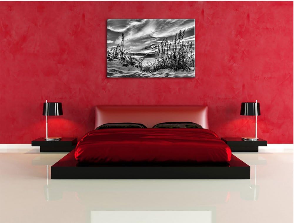 Pixxprint Gras am Strand bei Sonnenuntergang / 100x70cm Leinwandbild bespannt auf Holzrahmen/Wandbil