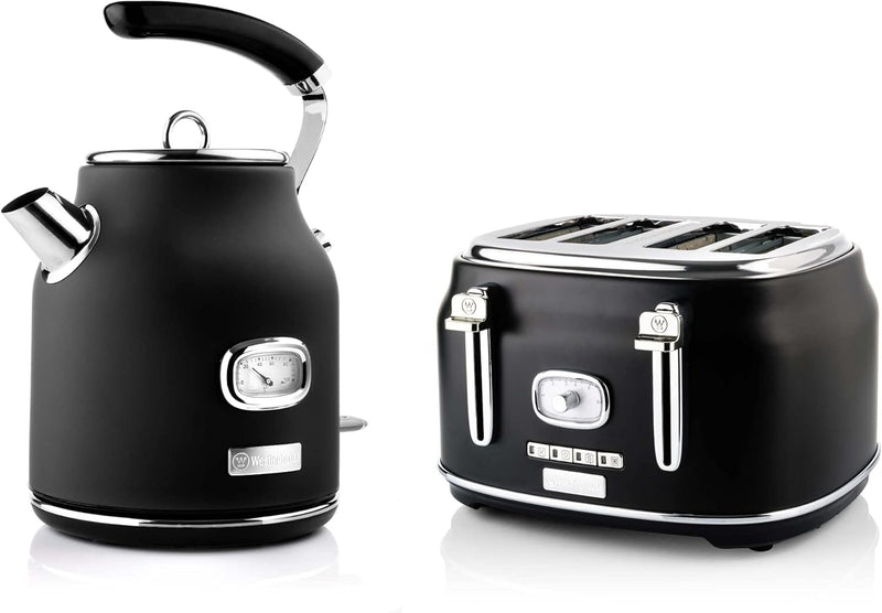 Westinghouse Retroline Frühstück-Set Schwarz, Toaster & Wasserkocher, 1.7 Liter, Kalkfilter & Überhi