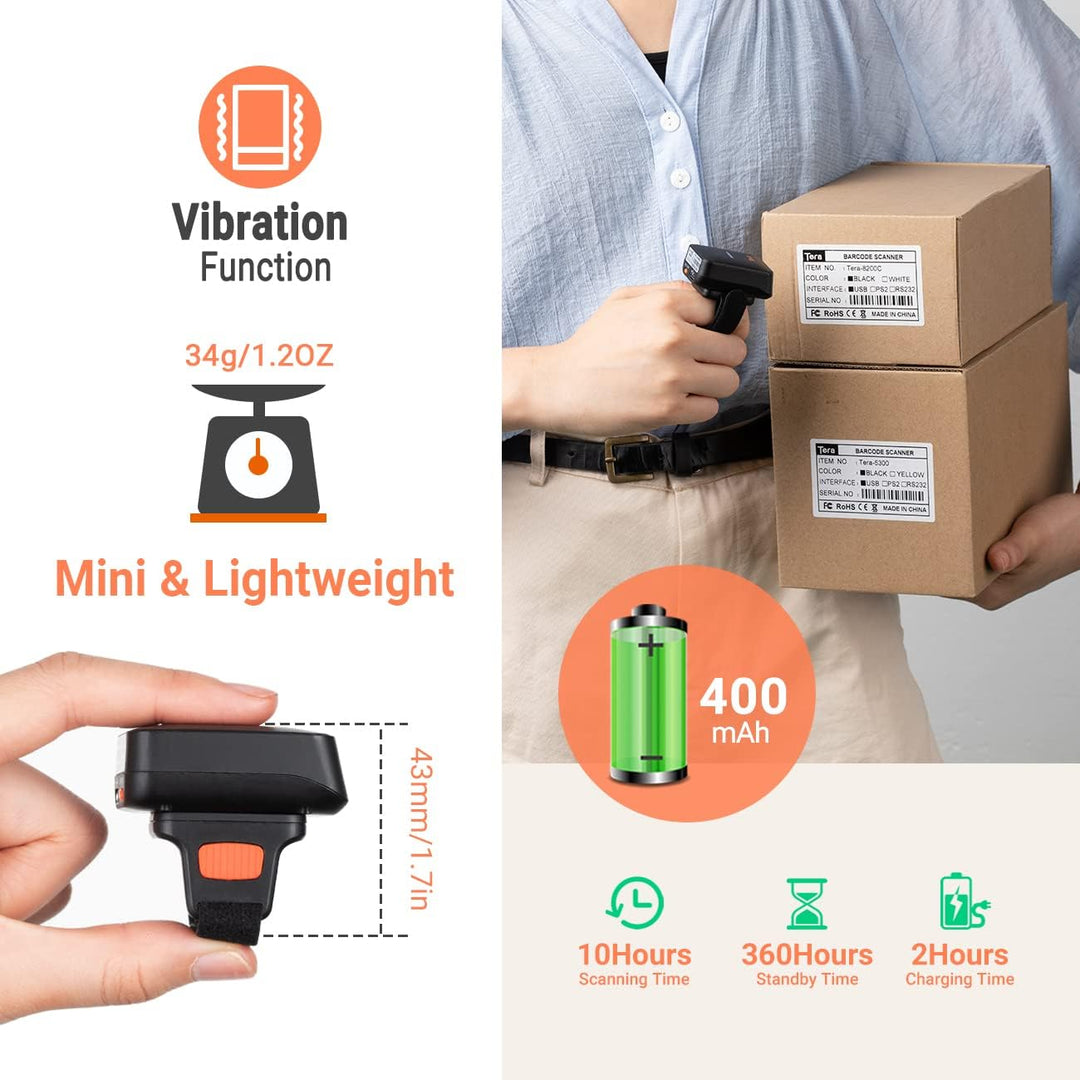 Tera Pro Series Mini CMOS Ring Barcode Scanner 1D 2D QR Barcode Scanner Wireless Bluetooth & Wireles