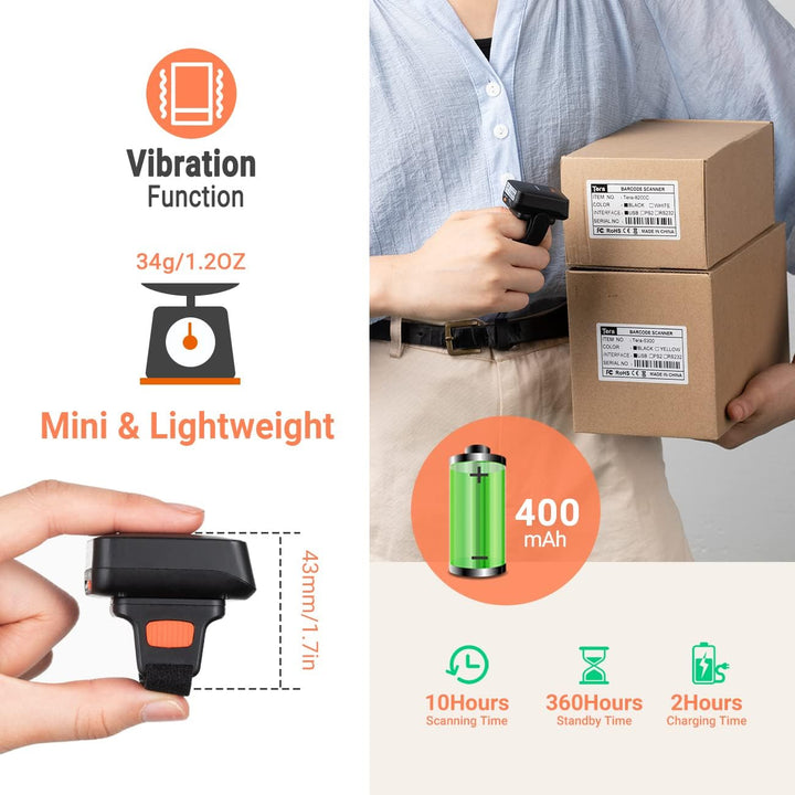 Tera Pro Series Mini CMOS Ring Barcode Scanner 1D 2D QR Barcode Scanner Wireless Bluetooth & Wireles