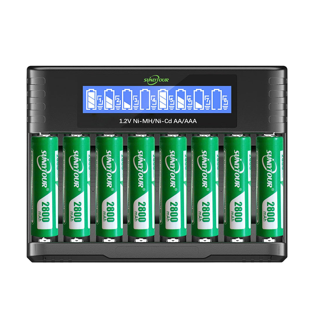 2800mAh NI-MH AA Batterie mit Ladegerät,SUNLYTOUR 8 Stück 2800mAh AA NI-MH Batterien mit 8 Slots AAA
