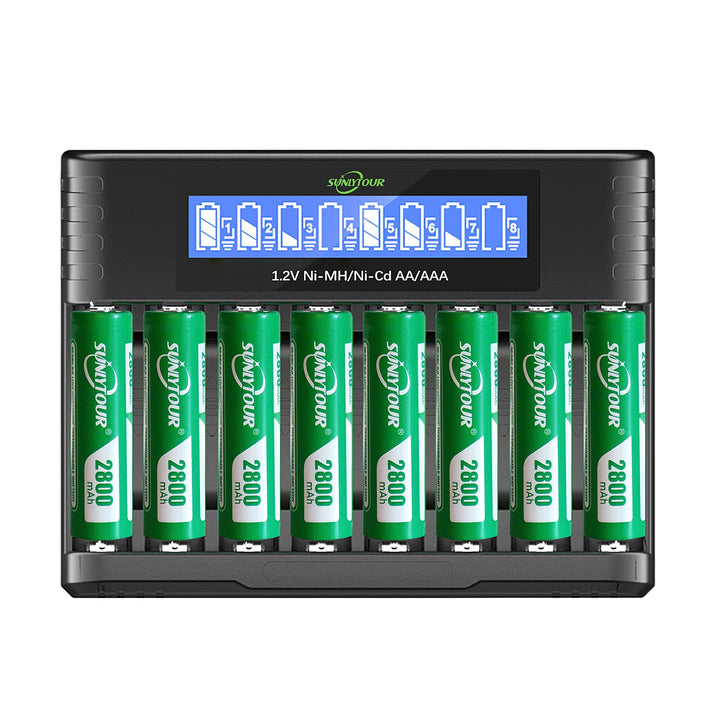 2800mAh NI-MH AA Batterie mit Ladegerät,SUNLYTOUR 8 Stück 2800mAh AA NI-MH Batterien mit 8 Slots AAA
