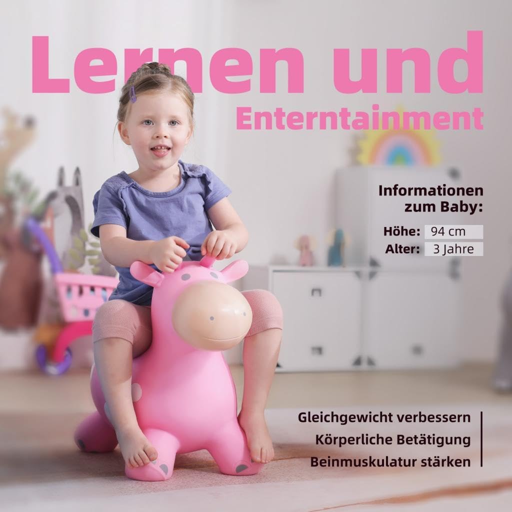 U&C Planet Hüpftier für Kinder Aufblasbare Giraffe Rosa Giraffe Hüpfer mit Handpumpe,Sprungpferd Hüp