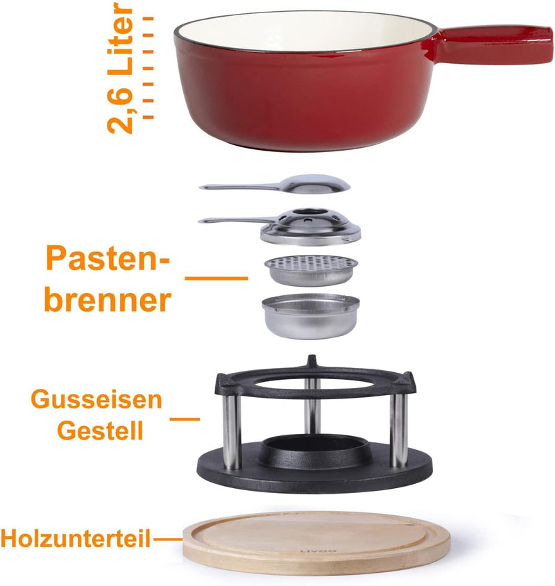 Fondue Gusseisen für Brennpaste Rot - Fondueset Traditionell Ohne Strom - Fleischfondue für 6 Person