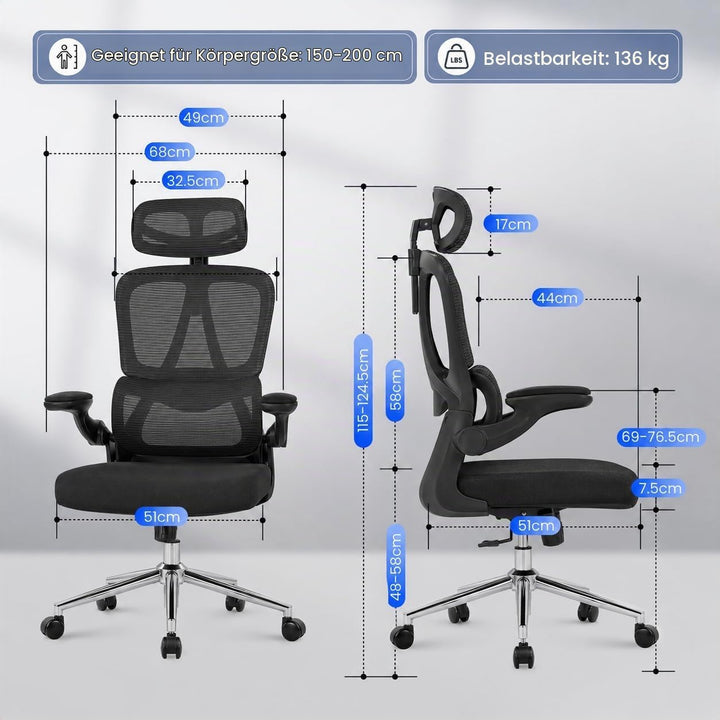 FLEXISPOT Ergonomischer Bürostuhl, Schreibtischstuhl mit 2D-Kopfstütze, Klappbare Armlehnen &amp; Dynami