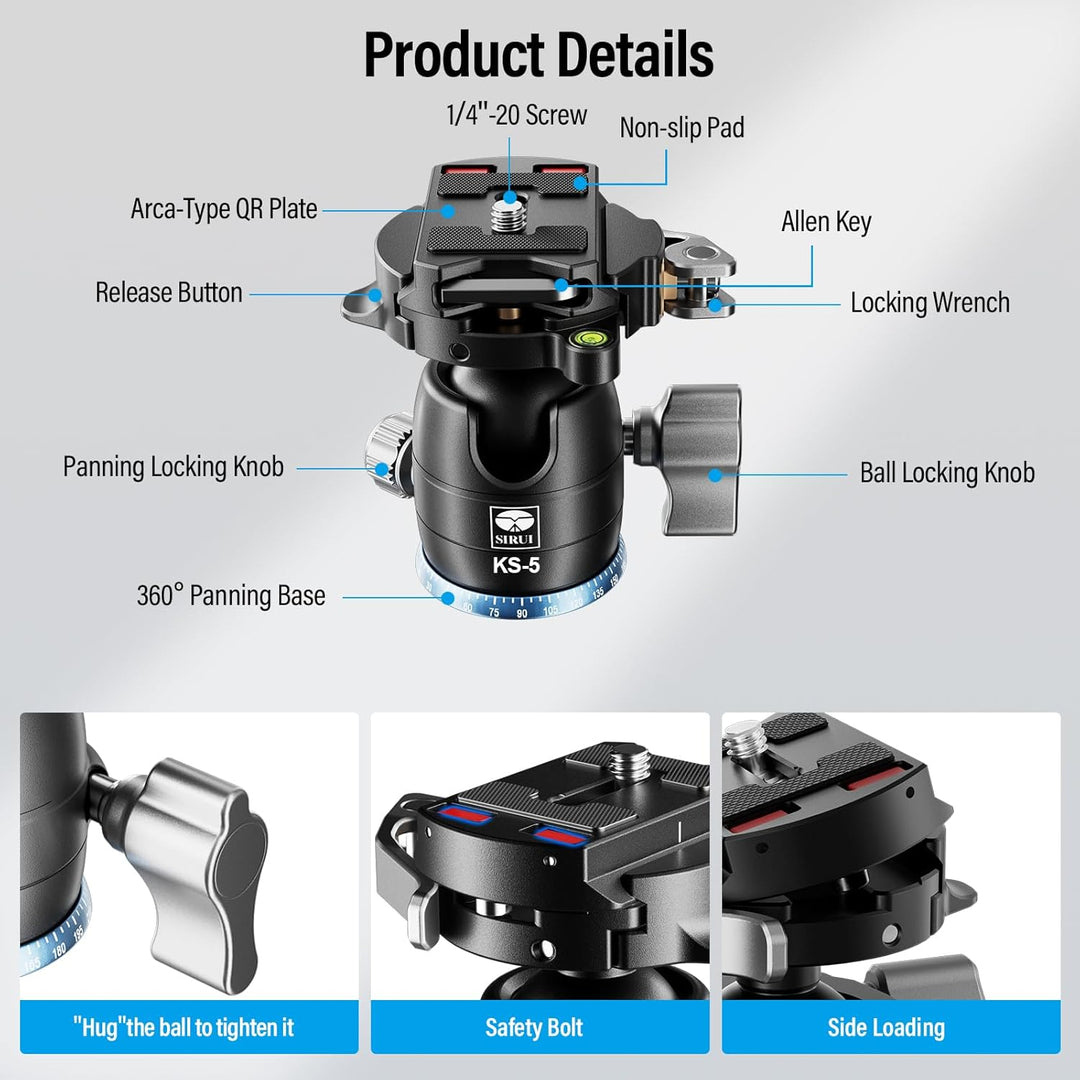 SIRUI KS-5 Kugelkopf Low Profile für Stativ, 29 mm 360° Panorama Aluminium Stativkopf für Kamera, Ca