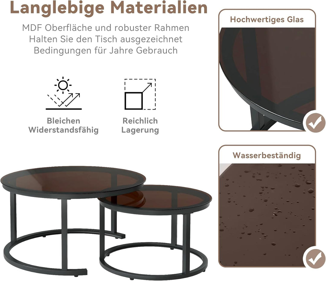 Hawthyhome 2 Stücke Beistelltisch Set rund, Moderne Kaffeetische, Couchtisch aus Glas mit Metallrahm