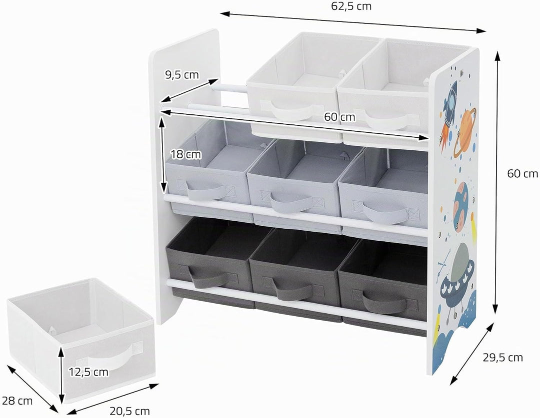 Joyz Kinderregal, Weltraum, 62,5x29,5x60 cm, Weiss, Spielzeugregal mit 9 Aufbewahrungsboxen aus Vlie