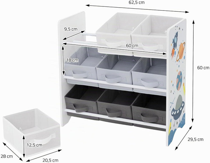 Joyz Kinderregal, Weltraum, 62,5x29,5x60 cm, Weiss, Spielzeugregal mit 9 Aufbewahrungsboxen aus Vlie