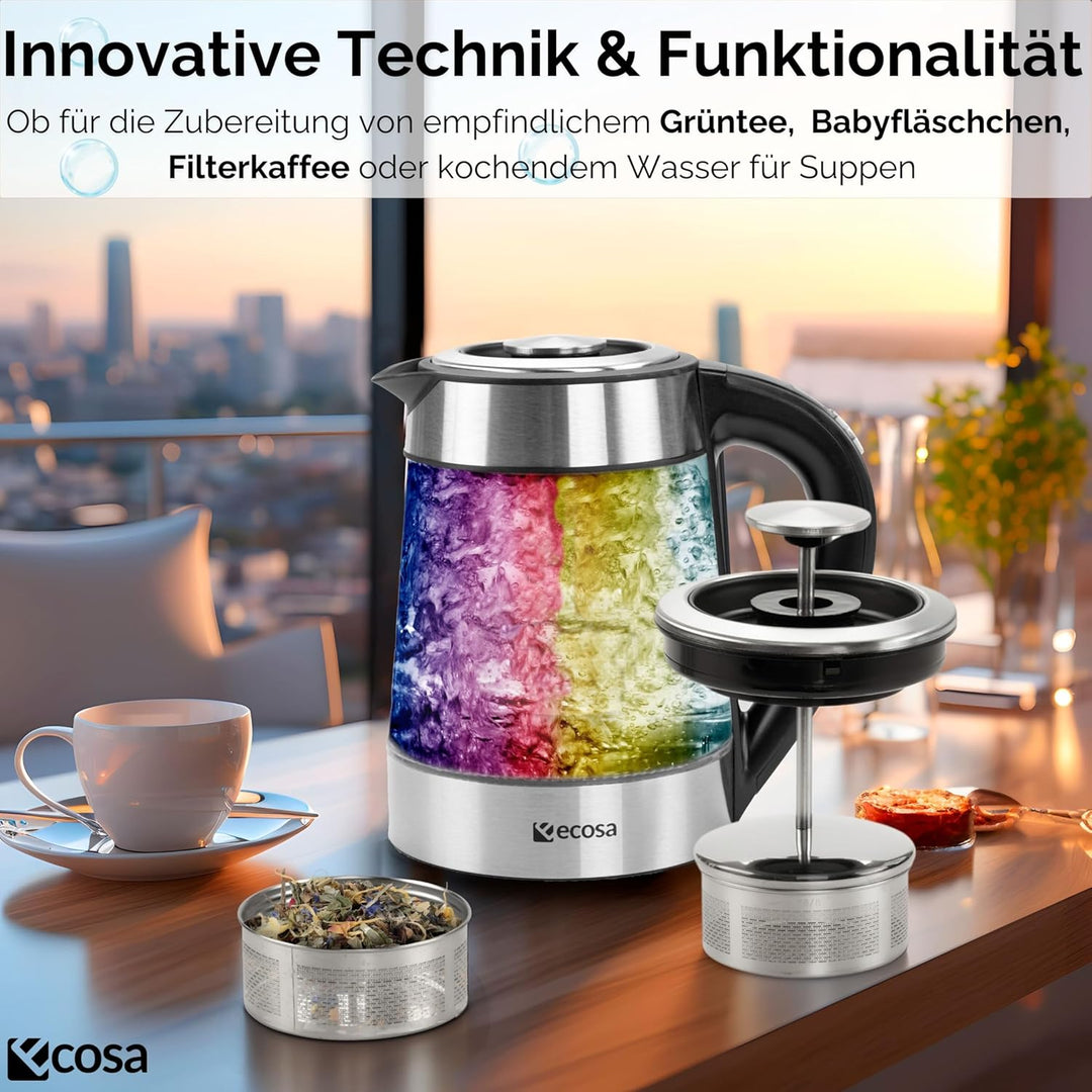 Ecosa® 2in1 Wasserkocher & Teekocher Glas Edelstahl mit Temperatureinstellung & separatem Teesieb Ei