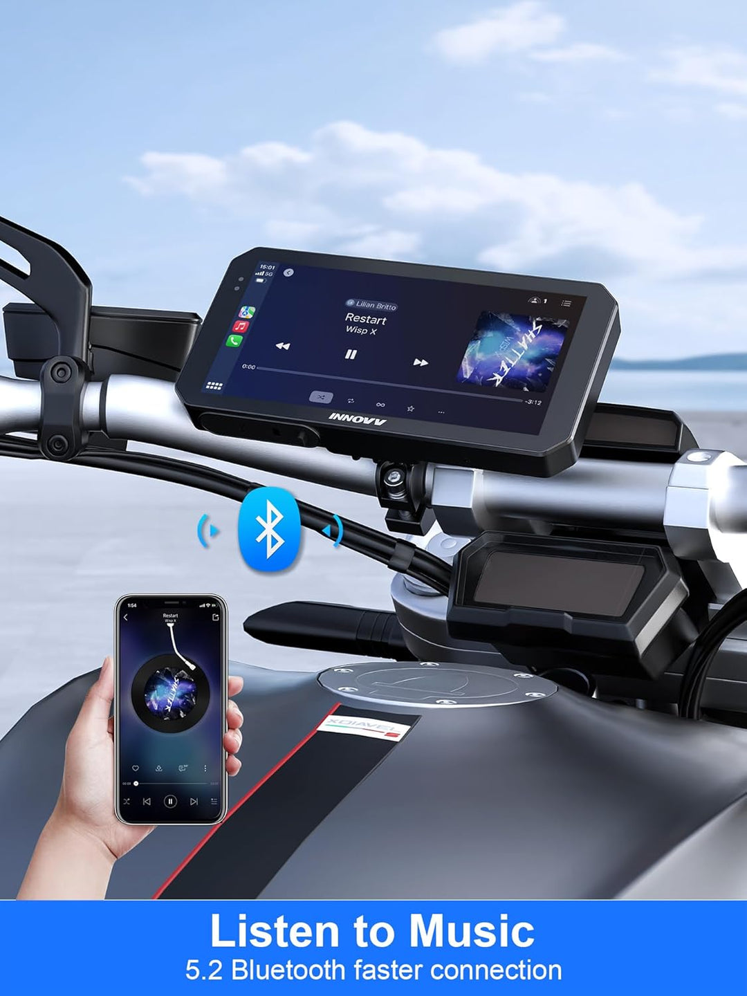 N2 6-Zoll-Apple-Carplay-Bildschirm für Motorräder, Touchscreen, kabelloses Apple CarPlay- und Androi
