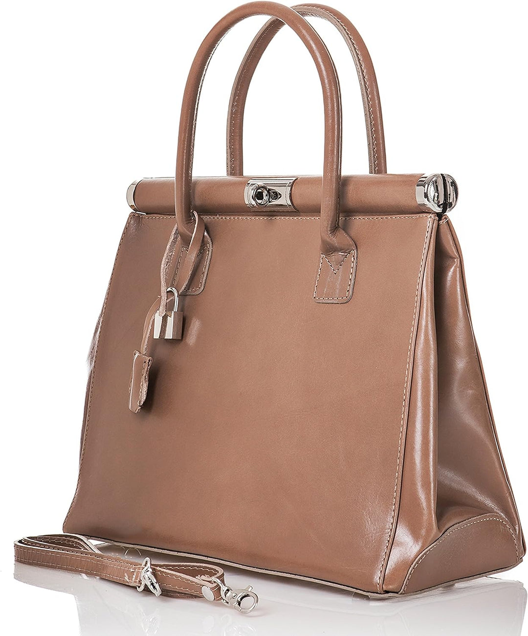 Henkeltasche Monaco Cappuccino Braun, Tragetasche aus echtem Leder, Frauenhandtasche Made in Italy,