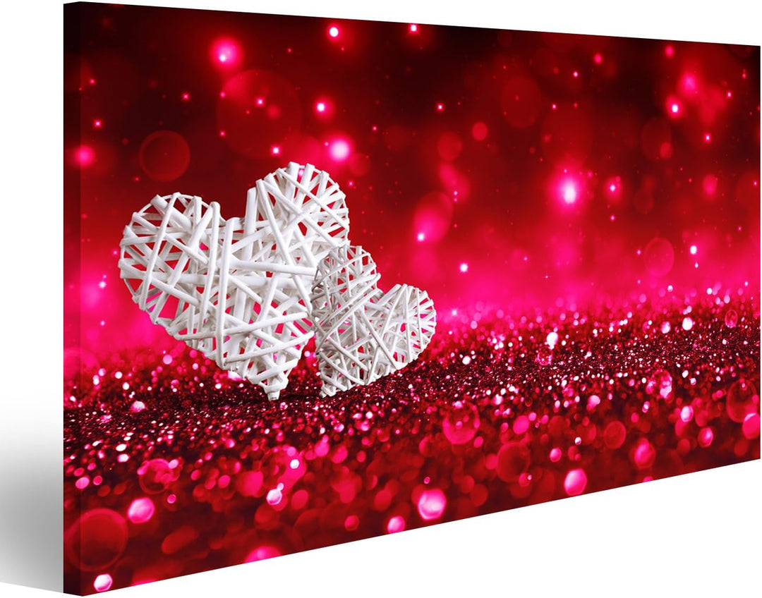 islandburner, Bild auf Leinwand Zwei Weidenherzen auf rotem, funkelndem Glitzer Wandbild Poster Lein