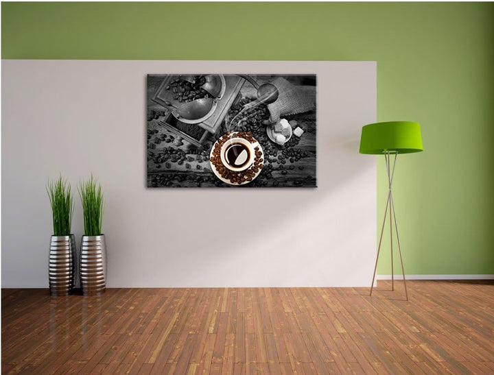 brühwarmer Kaffee mit Kaffeebohnen schwarz/weiss Format: 100x70 auf Leinwand, XXL riesige Bilder fer