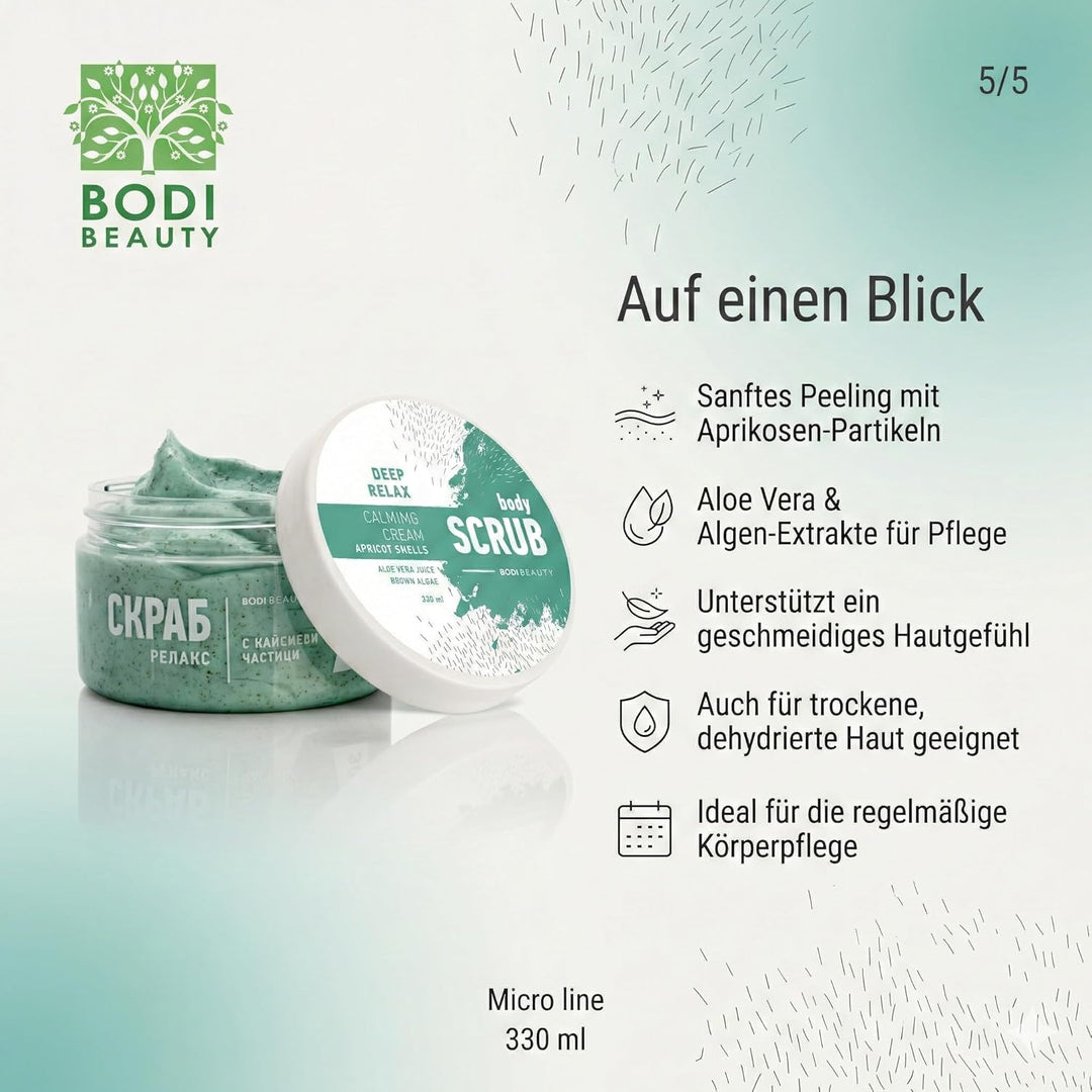 Aprikose Body Scrub & Körperpeeling Deep Relax 330 ml – Aprikosenkern, Algenextrakt, Aloe Vera, Trau