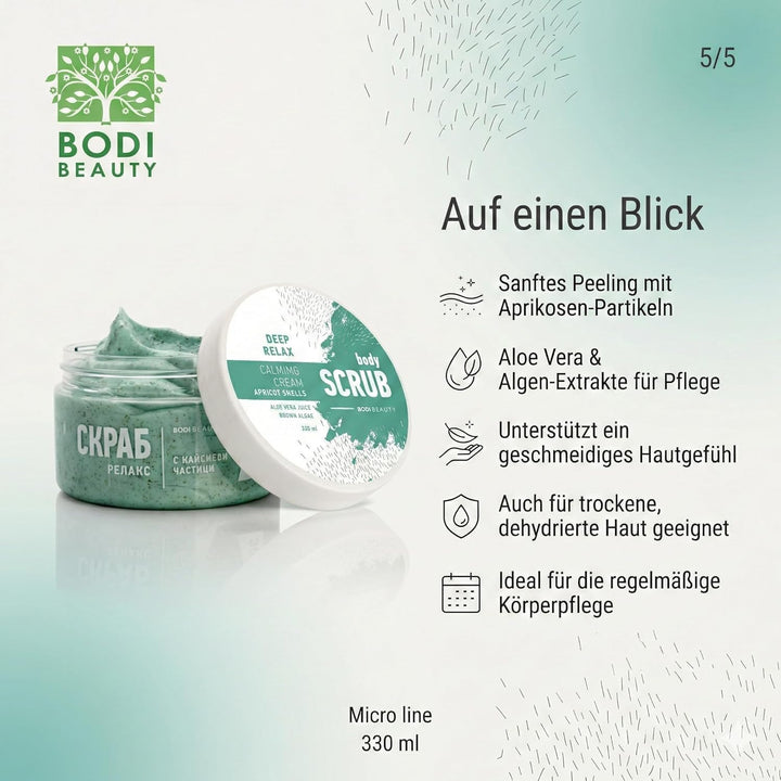 Aprikose Body Scrub & Körperpeeling Deep Relax 330 ml – Aprikosenkern, Algenextrakt, Aloe Vera, Trau