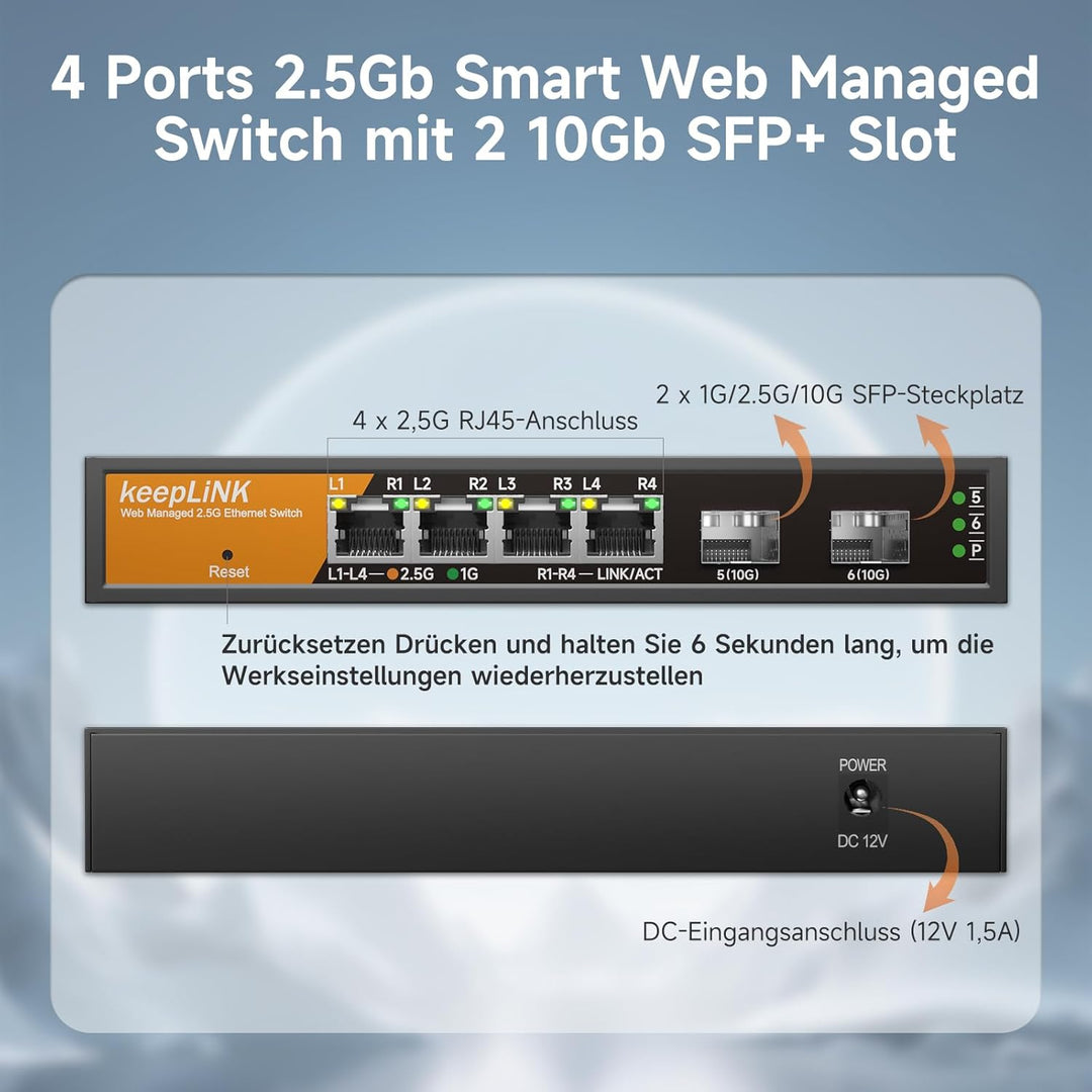 6 Port 2.5G Switch Smart Web Managed, 4 x 2.5G Base-T Ports, 2 x 10G SFP+ Slots, Support Static Link