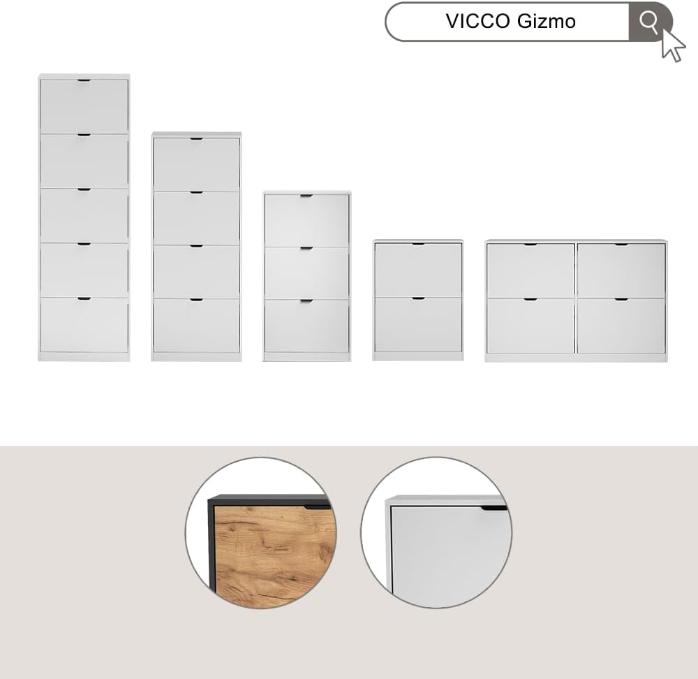 Vicco Schuhkipper Gizmo, Weiss, 59 x 146.6 cm | mit 4 Fächern White/Black, White/Black