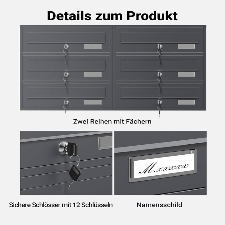Wiltec 6er Briefkastenanlage Anthrazit 898 x 270 x 1150 mm, Standbriefkasten mit 2x3 Fächern, Schlüs