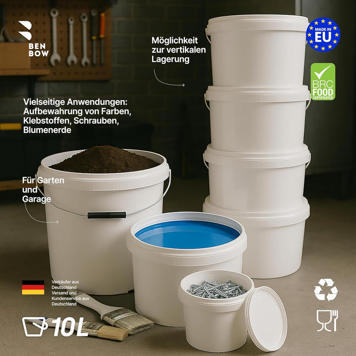BenBow Eimer mit Deckel 10l Weiss 100x 10 Liter - lebensmittelecht, stabil, luftdicht, auslaufsicher