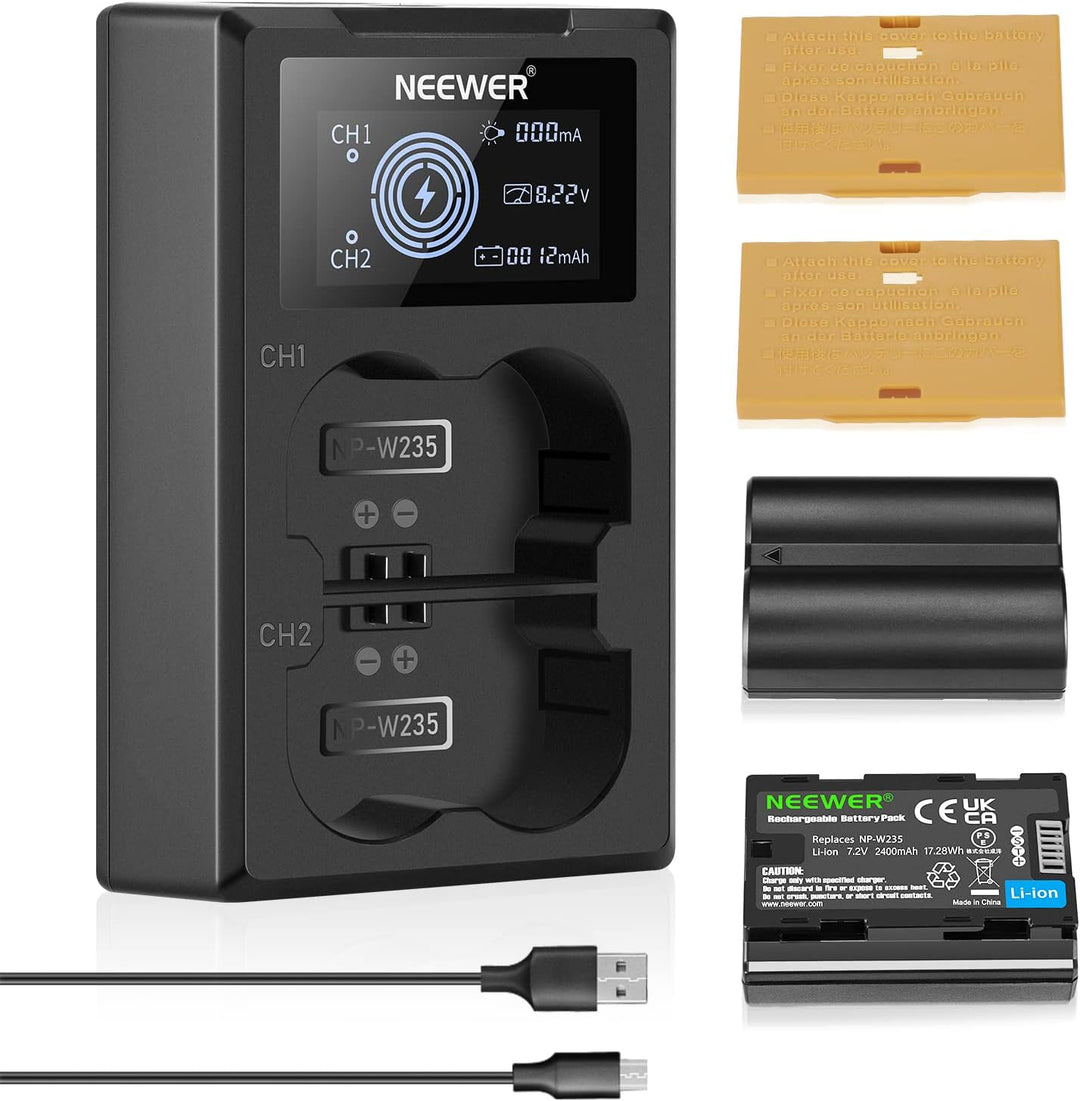 NEEWER NP-W235 Kamera Akkuladegerät Set, Doppel Steckplatz USB Ladegerät mit LCD, 2er Pack 2400mAh E