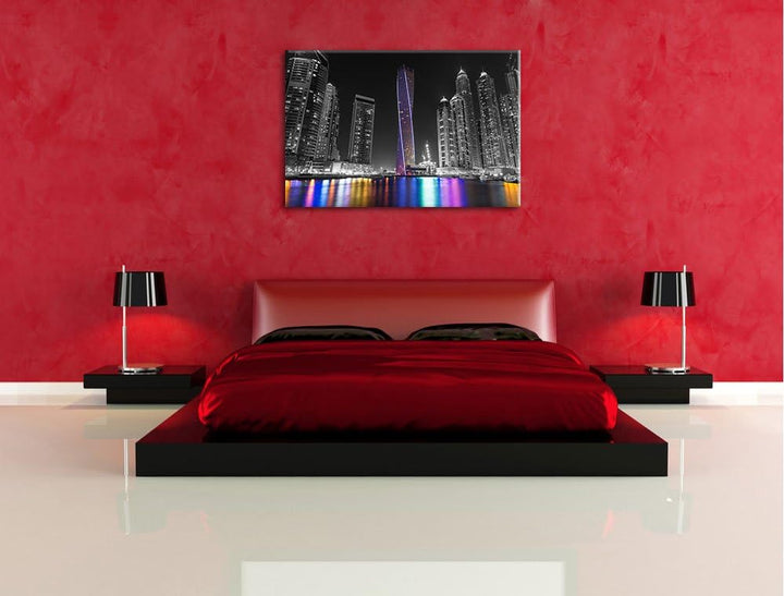 Skyline von Dubai bei Nacht schwarz/weiss Format: 100x70 auf Leinwand, XXL riesige Bilder fertig ger