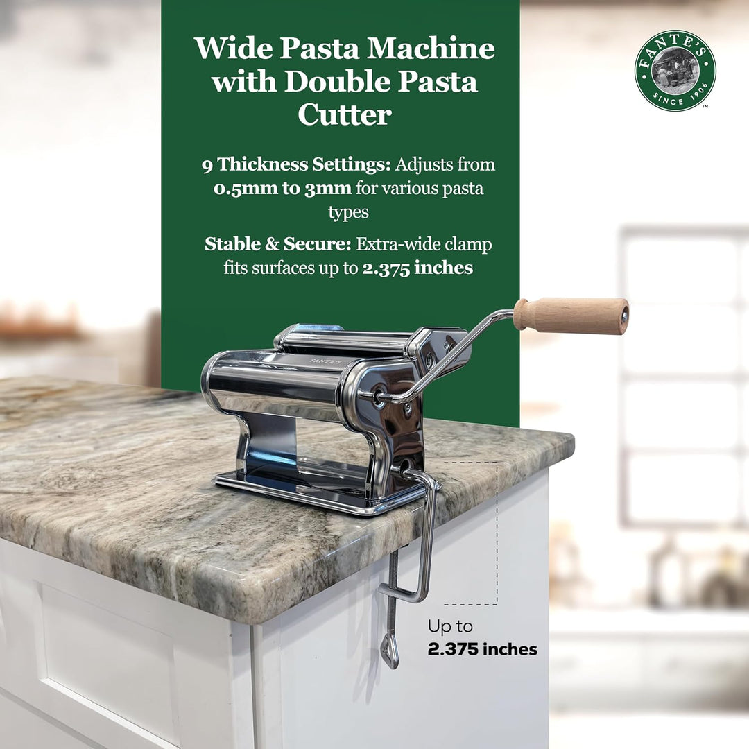 Fante's Doppelschneider Classic Pasta Maker, Handkurbel Nudelpresse mit einstellbaren Dickeneinstell