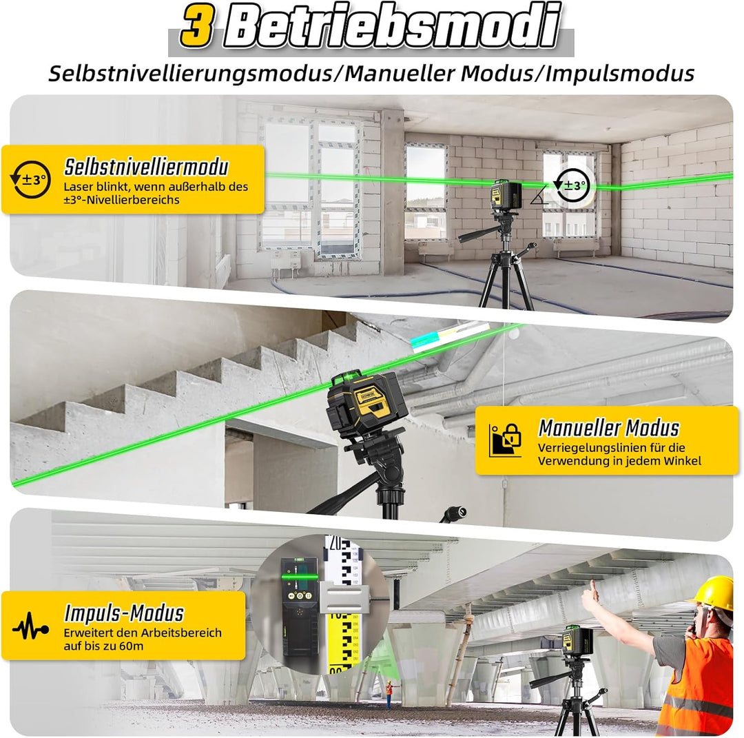 Kreuzlinienlaser mit Stativ, 4D 16 Linienlaser Grün Kreuzlaser 4x360° Laser Wasserwaage Kreuzlaser S