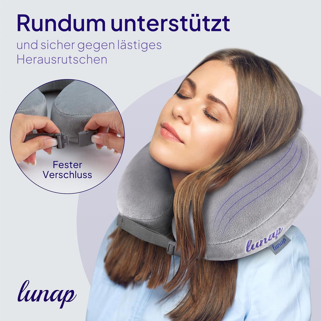 lunap Reisekissen Flugzeug | Nackenkissen Memory Foam flauschig + waschbar | Nackenhörnchen Erwachse