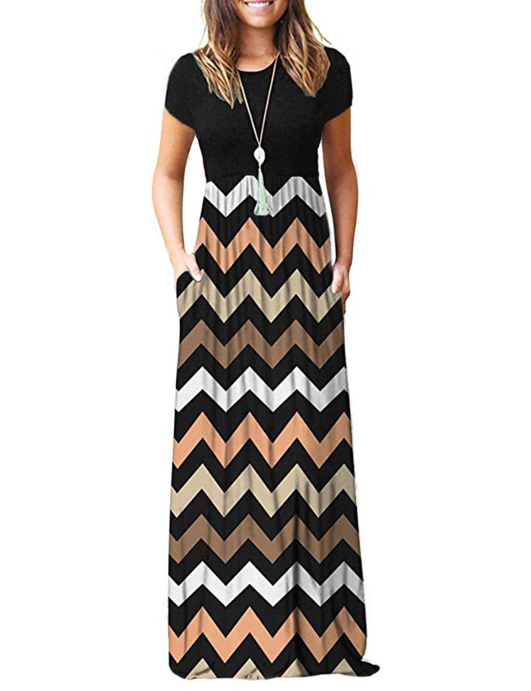 AUSELILY Damen Kurzarm Loose Casual Long Maxi Kleider mit Taschen Gestreift Schwarz M, Gestreift Sch