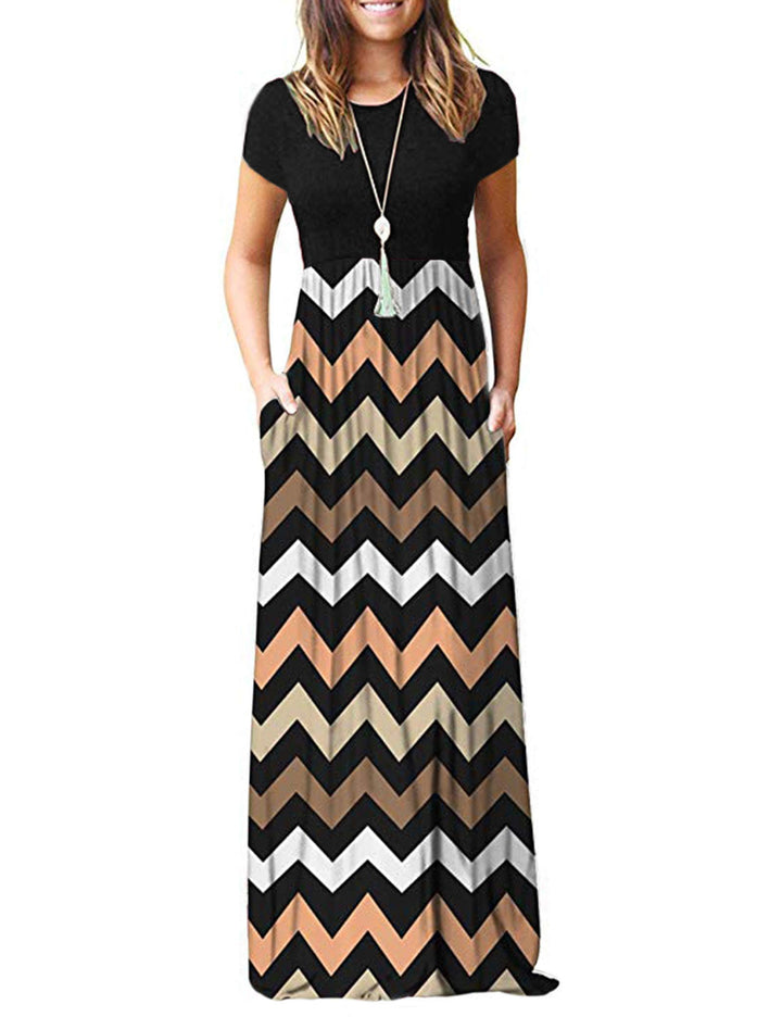 AUSELILY Damen Kurzarm Loose Casual Long Maxi Kleider mit Taschen Gestreift Schwarz M, Gestreift Sch