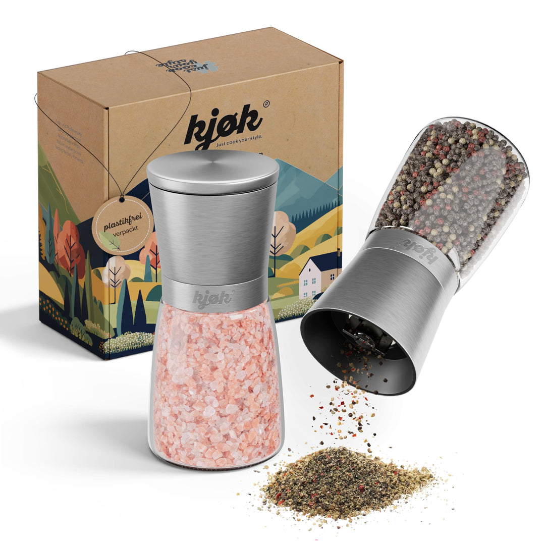 kjøk Premium Salz- und Pfeffermühle 2er-Set aus Edelstahl &amp; Glas – verstellbares Keramikmahlwerk fei