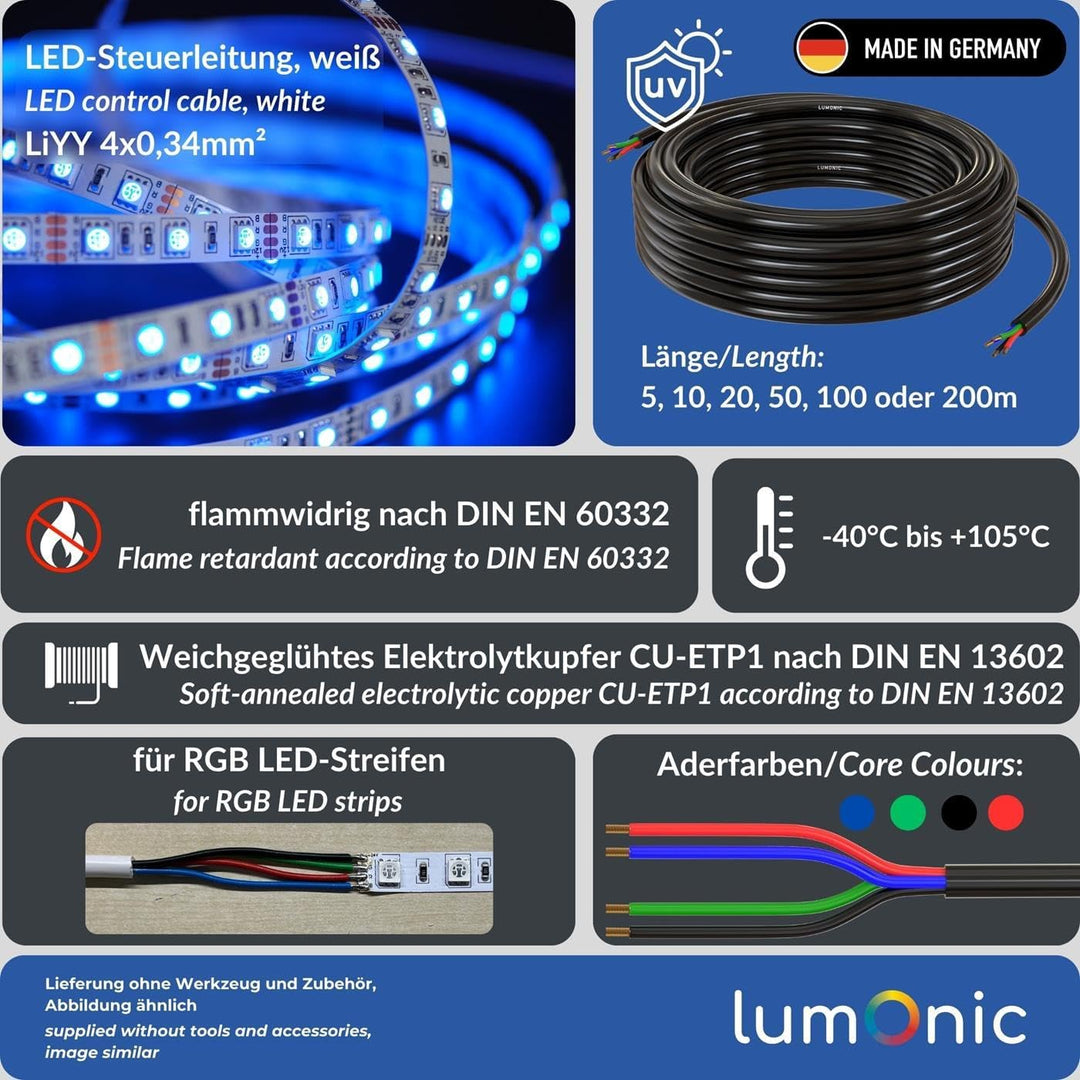 Lumonic 4x 0,34mm² LED Steuerleitung schwarz 5m I ummanteltes 4 adriges Kabel flexibel I Geschirmtes
