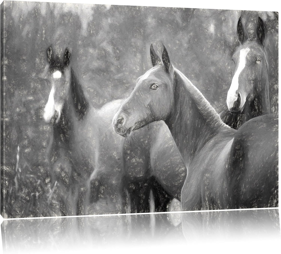 Pixxprint schöne Pferde auf der Wiese Kunst Kohle Effekt, Format: 100x70 auf Leinwand, XXL riesige B