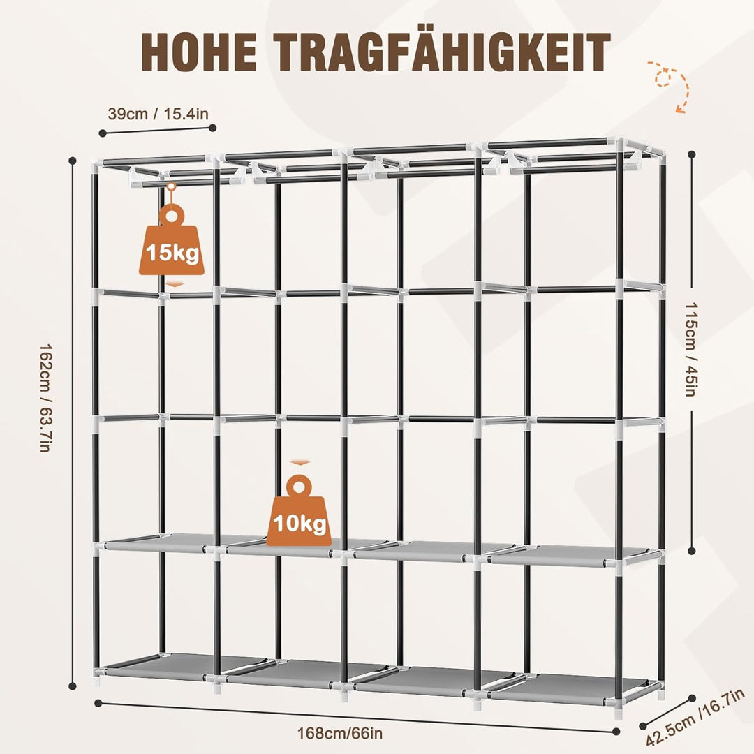 Neatrays Kleiderschrank, Stoffschrank mit 4 Kleiderstange Stabil & 8 Fächern, Faltbarer Kleiderschra