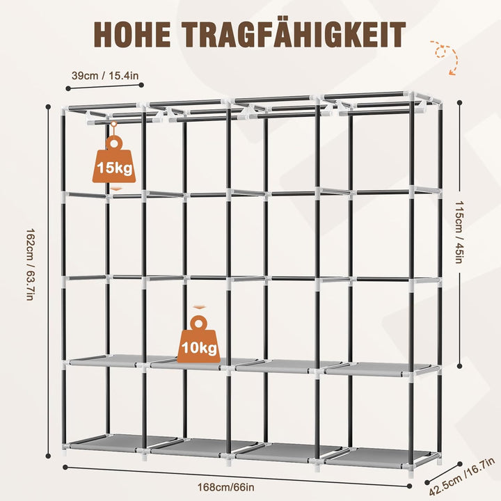 Neatrays Kleiderschrank, Stoffschrank mit 4 Kleiderstange Stabil & 8 Fächern, Faltbarer Kleiderschra