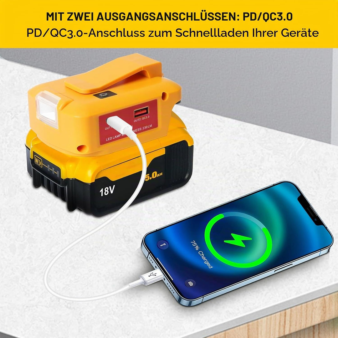 USB Akku Adapter für Dewalt 18V Akku, LED Arbeitslicht Konverter mit Dual-USB-Ladeanschlüssen &amp; DC-P