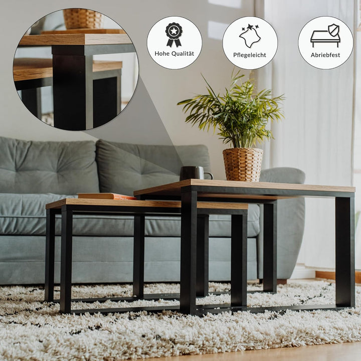 LEHMANN Wohnzimmertisch Holz, Couchtisch 2er Set in 2 Grössen, Beistelltisch Holz, Wohnzimmer Tisch