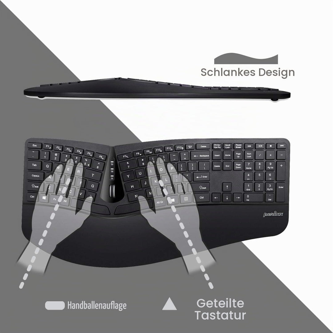 Perixx Periduo-605, Wireless Ergonomic Split Keyboard and Vertical Mouse Combo, Adjustable Palm Rest