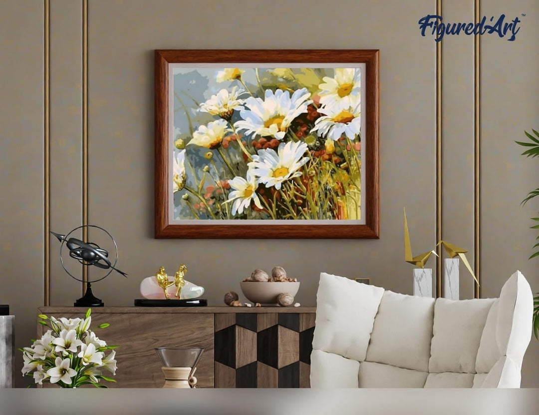 Figured'Art Malen Nach Zahlen Erwachsene Mit Rahmen Gänseblümchen Feld - Paint by Numbers Basteln DI