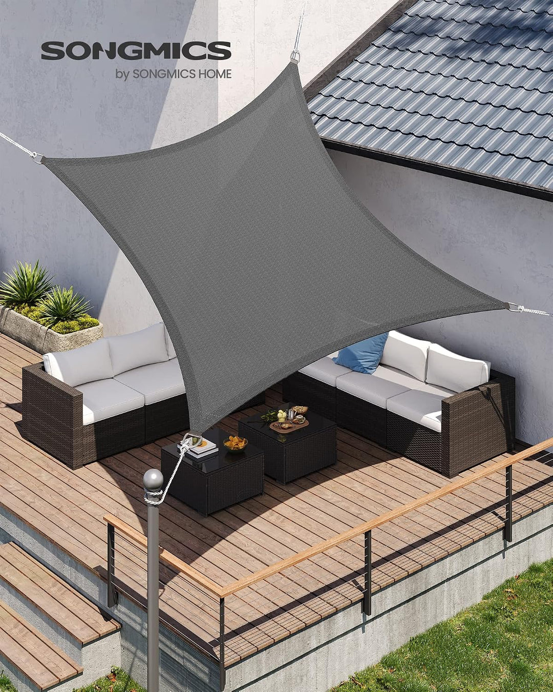 SONGMICS Sonnensegel 4 x 4 m, Sonnenschutz aus HDPE-Gewebe, luftdurchlässig, wasserdurchlässig, für
